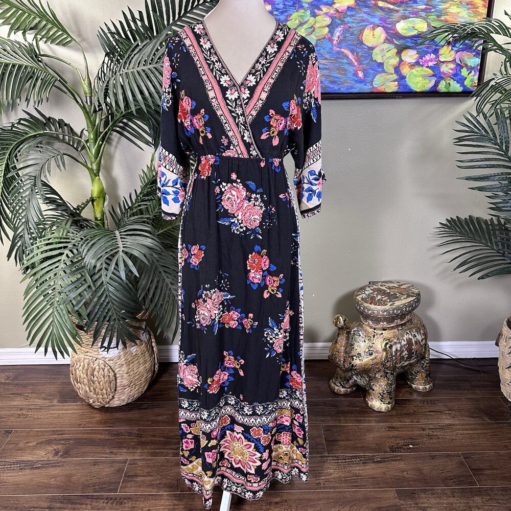 Flying tomato Maxi dress S Kerchief hem doleman sleeves , empire Waist Black